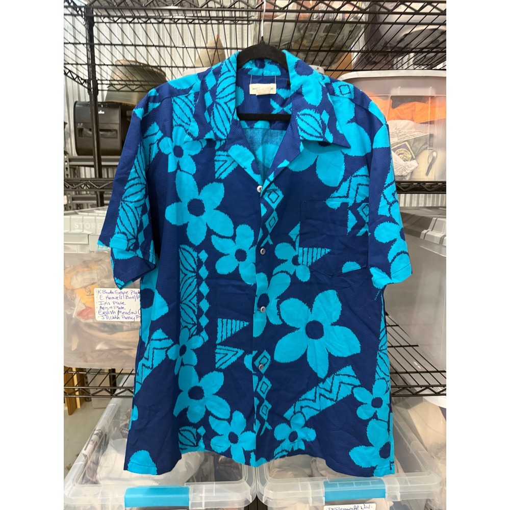 Vintage Made in Hawaii Mens XL Blue Floral Hibiscus Barkcloth Camp Shirt